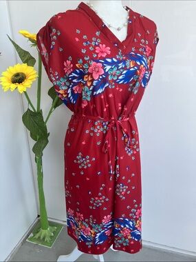 Vintage 70s Red Sleeveless Midi Dress with Pink & Blue Floral Border Print